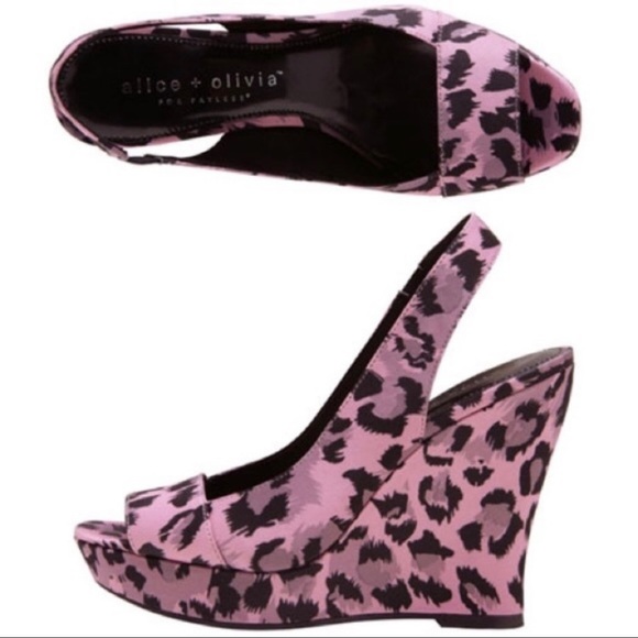 ηεω A+O Pink Leopard Slingback Peep-Toe Wedge Vintage Alice + Olivia Excellent - Picture 4 of 16